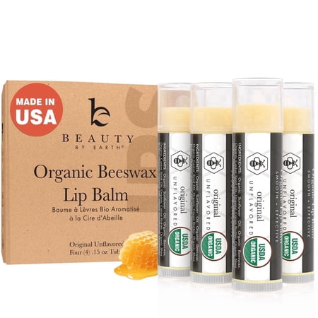 Lip Balm Organic (Original Unflavored) 4 Tube Pack ; Pure and Natural Beeswax Lip Butter with Aloe Vera, Vitamin E for a Clear Gloss; Moisturize, Repair Dry, Cracked or Chapped Lips