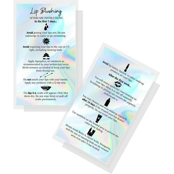 Lip Blush Aftercare Instructions Card 50 Pack 2x3.5" inches Business Card Size Lip Glow Lip Blush PMU Lip Tint Lip Tattoo Holographic Look Design