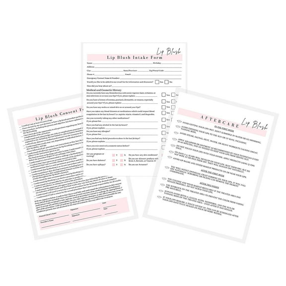 Lip Blush Consent Form, Intake Form, Aftercare Form  75 Pack  8.5x11" inch Paper Size Form  25 Consent Forms, 25 Client Intake Forms, 25 Aftercare Forms
