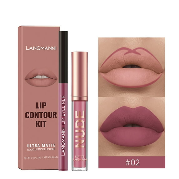 Lip Gloss Lipliner Set, Matte Lipstick Combination, Long Lasting Non Sticky Matte Lip Gloss with Moisturizing formula, Opaque Color, Smudge Resistant, Soft Silk Finish