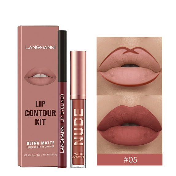 Lip Gloss Lipliner Set, Matte Lipstick Combination, Long Lasting Non Sticky Matte Lip Gloss with Moisturizing formula, Opaque Color, Smudge Resistant, Soft Silk Finish