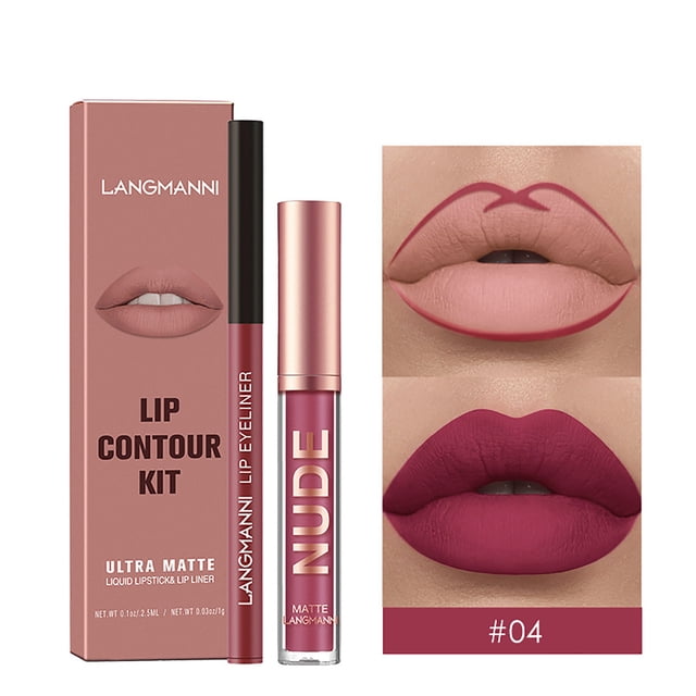 Lip Gloss Lipliner Set, Matte Lipstick Combination, Long Lasting Non Sticky Matte Lip Gloss with Moisturizing formula, Opaque Color, Smudge Resistant, Soft Silk Finish