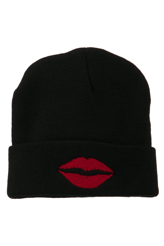Lip Kiss Embroidered Cuff Long Beanie - Black OSFM