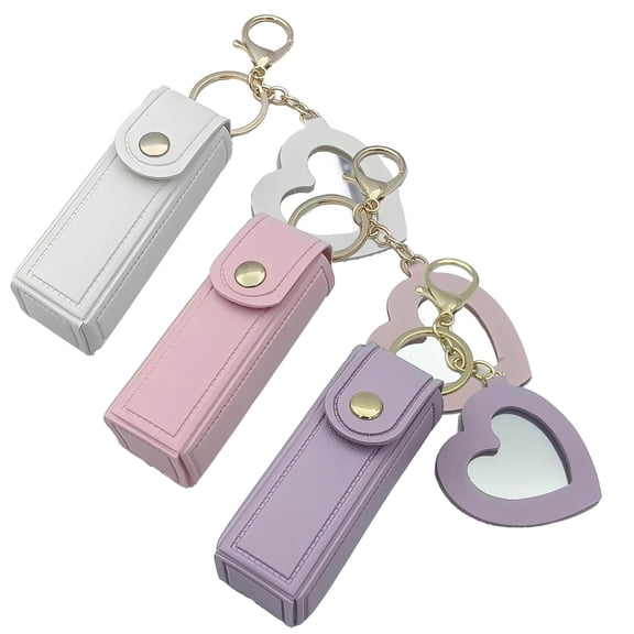Lip Oil Keychain 2in1 Mirror & Lip Balm Holder, Portable PU Leather Chapstick & Lipstick Organizer Keychain for Travel, Car & Purses, Mini Size Gift for Women & Girl