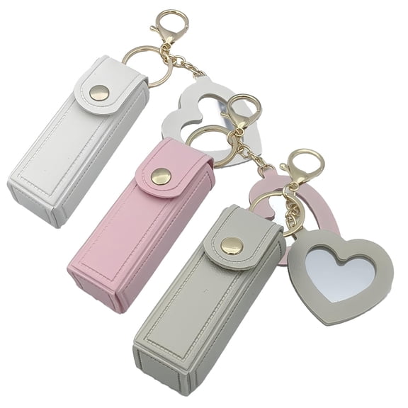 Lip Oil Keychain 2in1 Mirror & Lip Balm Holder, Portable PU Leather Chapstick & Lipstick Organizer Keychain for Travel, Car & Purses, Mini Size Gift for Women & Girl