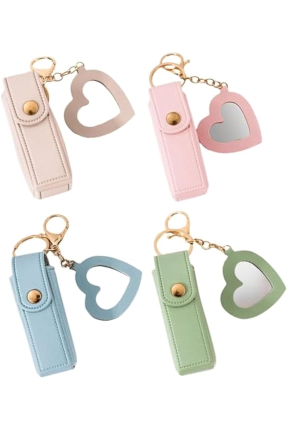 Lip Oil Keychain - Mirror & Oil 2-in-1, PU Leather Potable Lip Gloss Holder, Chapstick Holder Key Chain for Women & Girls (E)
