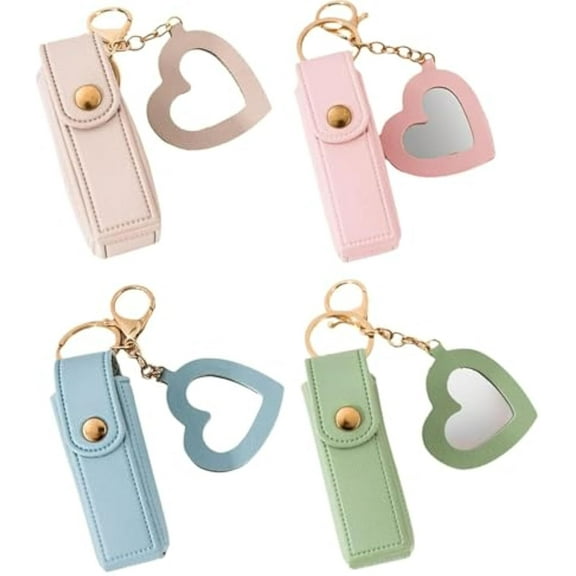 Lip Oil Keychain - Mirror & Oil 2-in-1, PU Leather Potable Lip Gloss Holder, Chapstick Holder Key Chain for Women & Girls (E)
