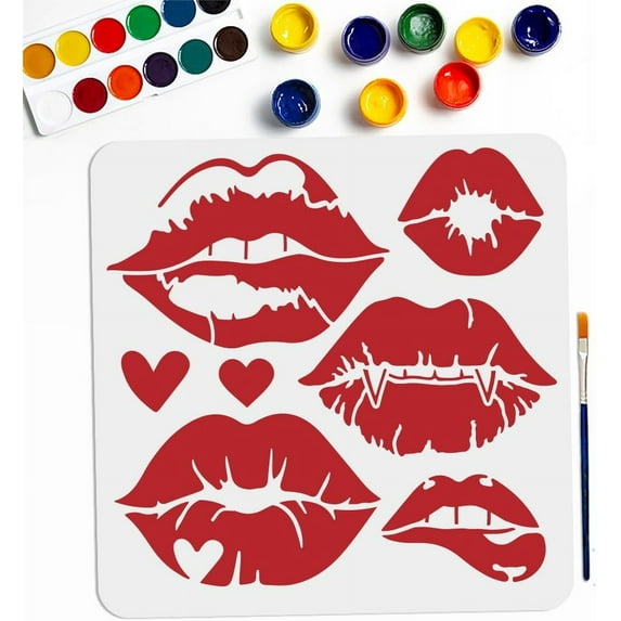 Lip Paint Stencils 11.8×11.8inch Large Kiss Lips Love Lips Lipstick Mouth Stencil with Paint Brush Reusable Woman Lip Print Templates for Wood Wall Furniture Canvas Decor