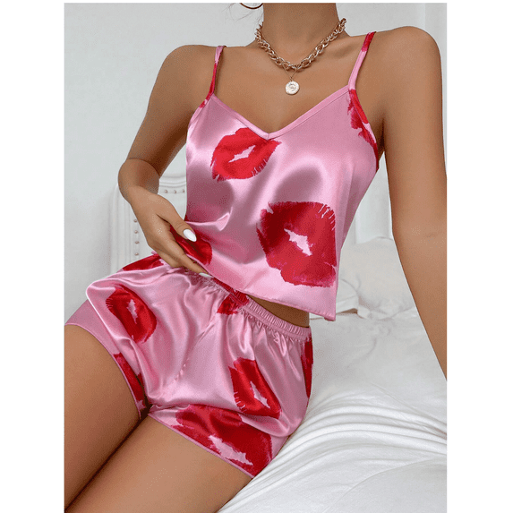 Lip Print Satin Cami Top & Shorts PJ Set / Pajama Set