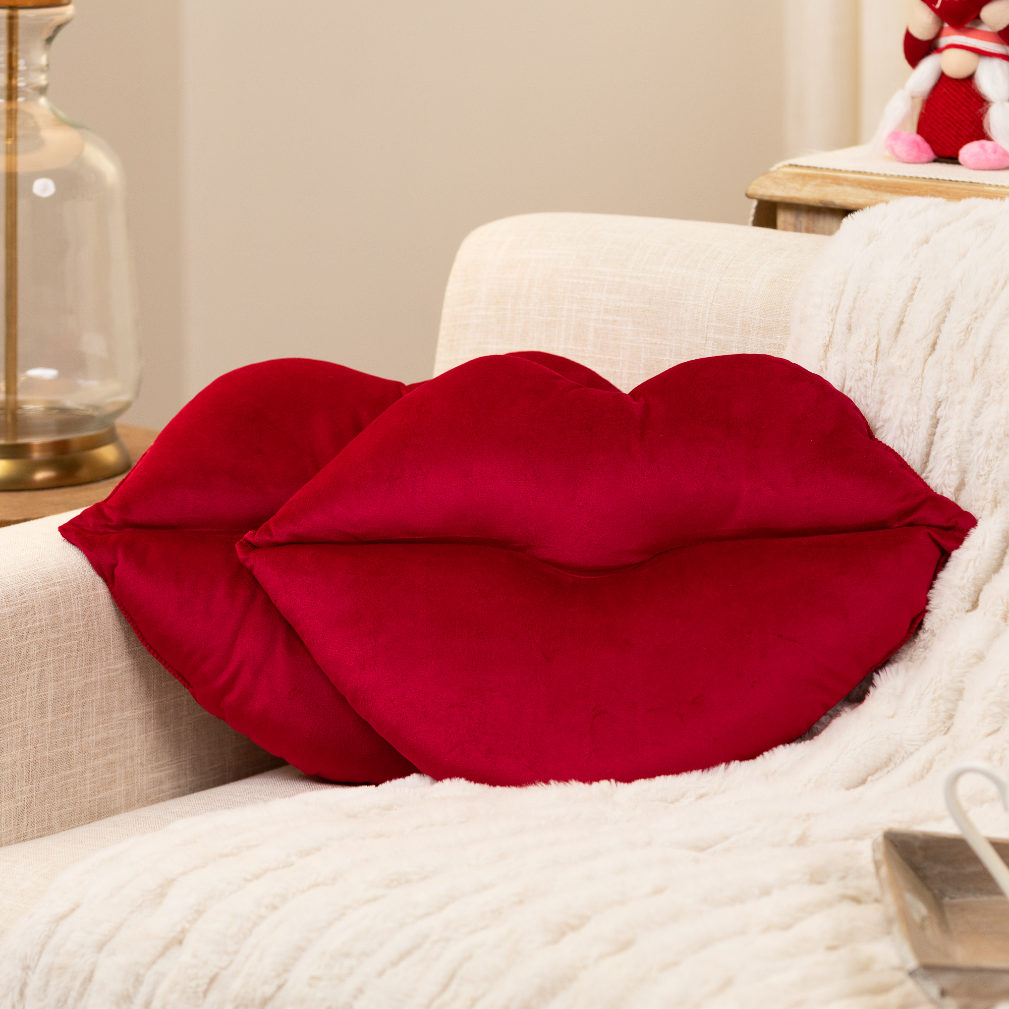 Lip-Shaped Cotton Throw Pillows - 16" x 24" - Ruby Red - Set of 2