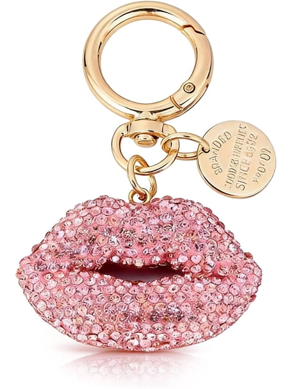 Lip Shaped Keychain Rhinestone 3D Lip Bag Charm for Handbag Purse Backpack, Funny Cute Jewelry Gift for Women Girls, Sparkle Lip Charm Key Ring Accessory for Cosmetic Pouch Travel Bag - Pink