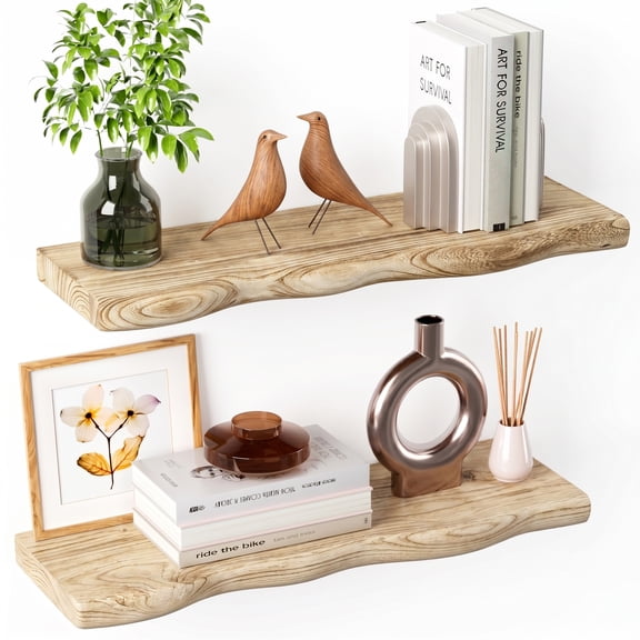 Lipa 24 Inch 2 Pack Floating Shelves for Wall,Farmhouse Live Edge Shelf,Living Room Bedroom Kitchen,Light Toasted Brown