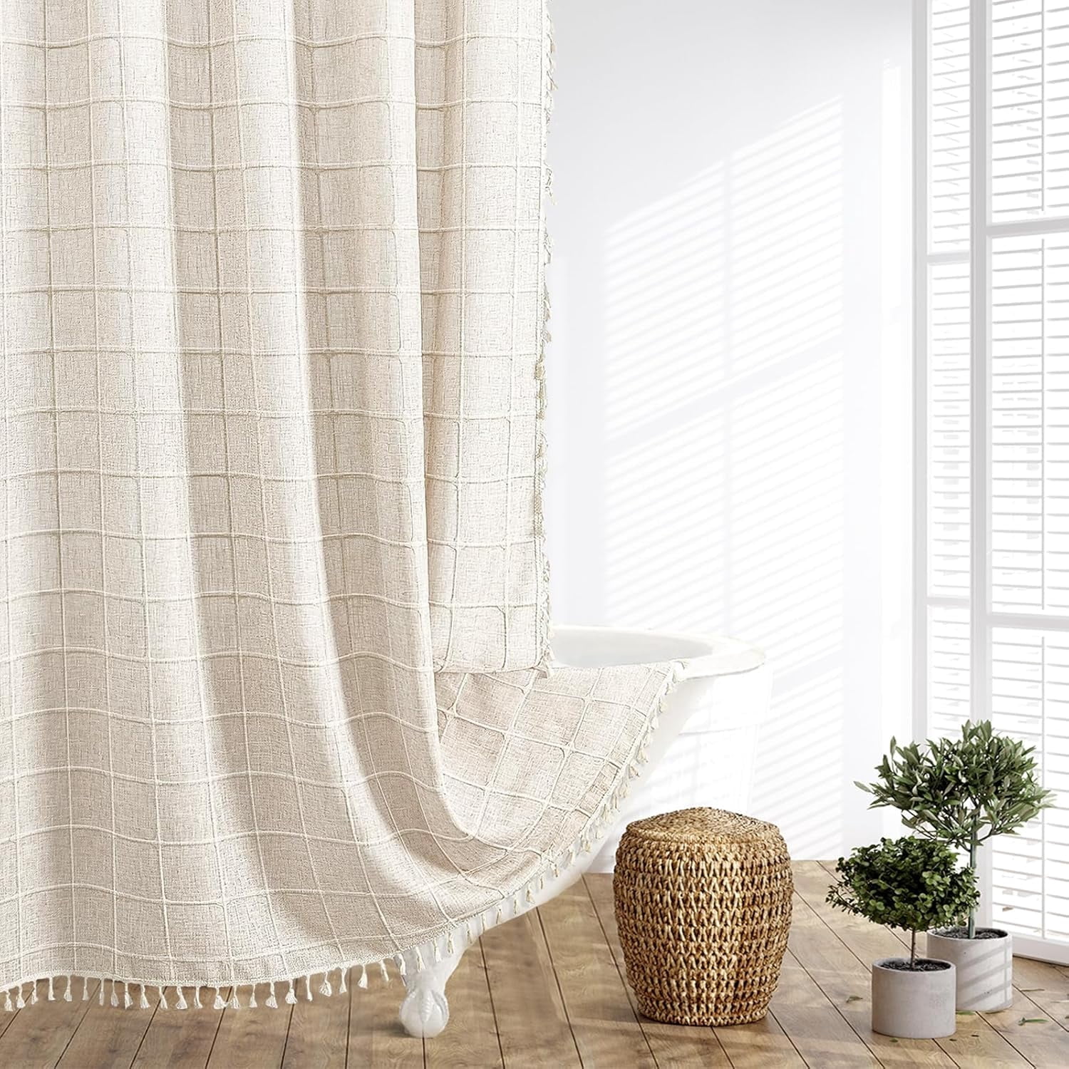 Lipa Boho Farmhouse Shower Curtain,Rustic Linen Blend Grid Shower Curtain with Tassels,Bathroom Shower Curtain with 12 Hooks,Beige,72" x 72"