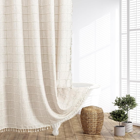 Lipa Boho Farmhouse Shower Curtain,Rustic Linen Blend Grid Shower Curtain with Tassels,Bathroom Shower Curtain with 12 Hooks,Beige,72" x 72"