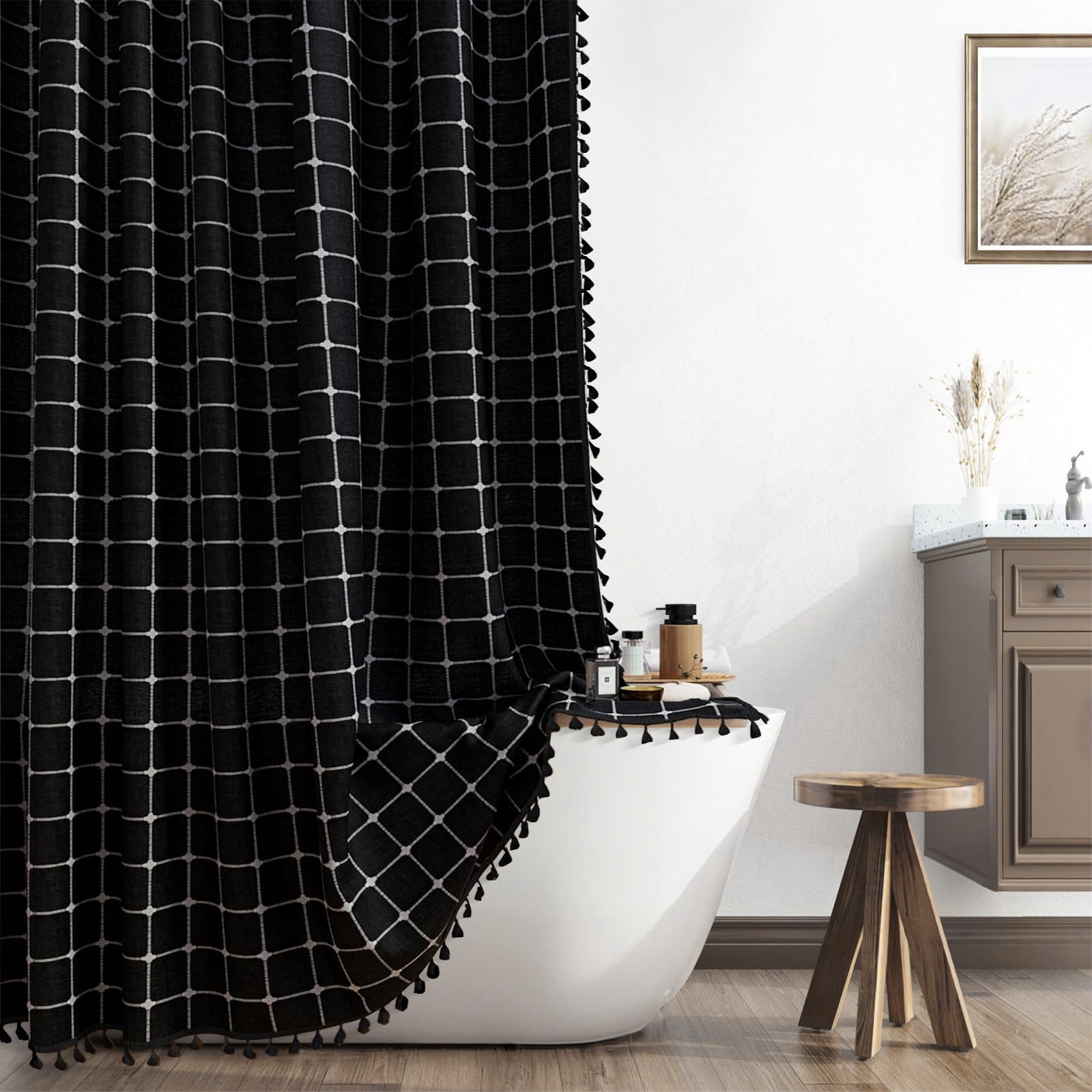 Lipa Boho Farmhouse Shower Curtain,Rustic Linen Blend Grid Shower Curtain with Tassels,Bathroom Shower Curtain with 12 Hooks,Black,72" x 72"