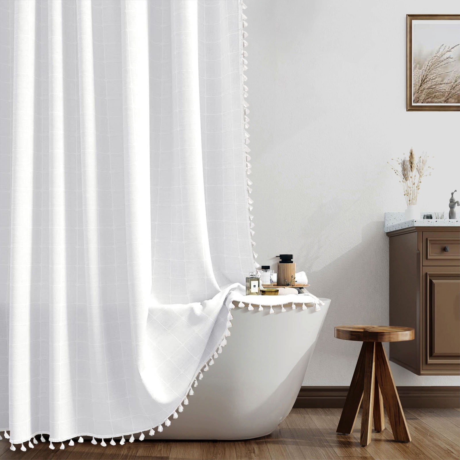 Lipa Boho Farmhouse Shower Curtain,Rustic Linen Blend Grid Shower Curtain with Tassels,Bathroom Shower Curtain with 12 Hooks,White,72" x 72"