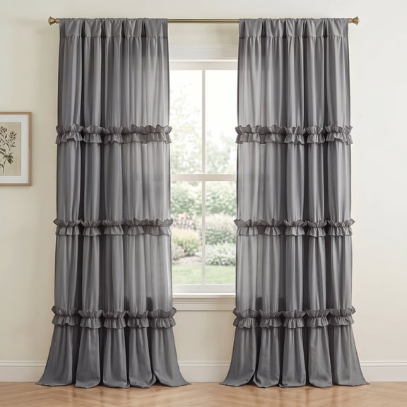 Lipa Boho Ruched Curtains, Light Filtering Ruffle Window Curtain for Living Room and Bedroom, Rod Pocket, 2 Panels, Gray, 52" x 84"