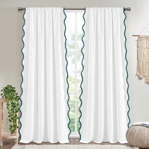Lipa Coastal Chic Scalloped Edge Light Filtering Curtain Panel,White with Navy Trim,White Curtain for Living Room Bedroom,52" x 84"