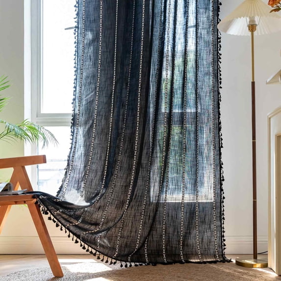 Lipa Farmhouse Curtain for Living Room,Semi Blackout Boho Curtains,Rod Pocket,1 Panel,52"Wx84"L,Black
