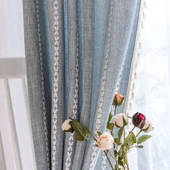 Lipa Farmhouse Curtain for Living Room,Semi Blackout Boho Curtains,Rod Pocket,1 Panel,52"Wx96"L,Blue