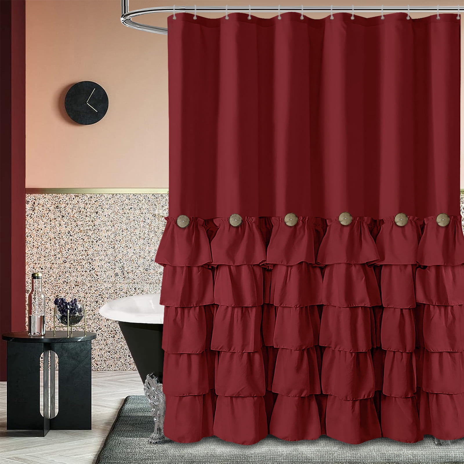 Lipa Farmhouse Ruffle Shower Curtain,Shabby Chic Shower Curtain with 12 Hooks,Burgundy,72" x 72"