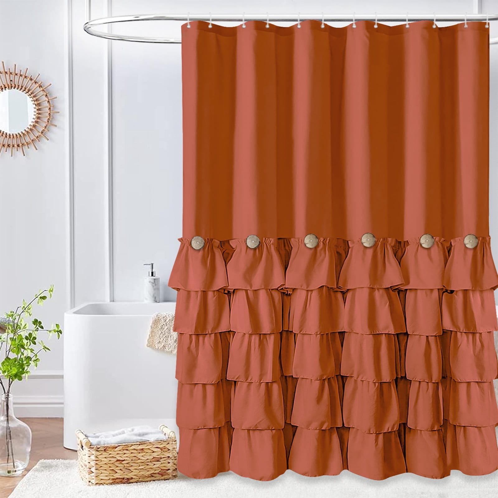 Lipa Farmhouse Ruffle Shower Curtain,Shabby Chic Shower Curtain with 12 Hooks,Dark Orange,72" x 72"