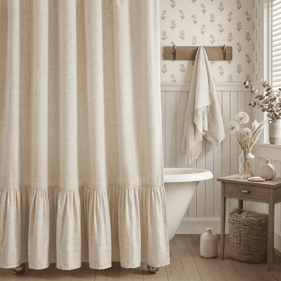 Lipa Farmhouse Rustic Shower Curtain,Ruffled Linen Shower Curtain with metal hooks,Beige,72" x 72"