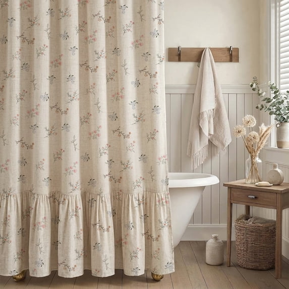 Lipa Farmhouse Rustic Shower Curtain,Ruffled Linen Shower Curtain with metal hooks,Floral,72" x 72"