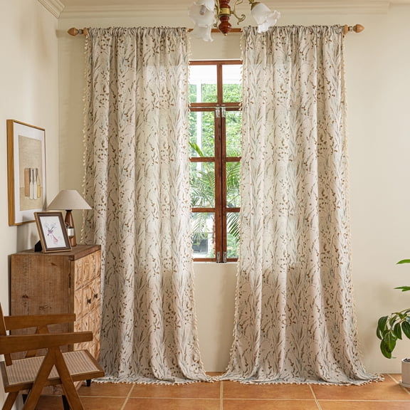 Lipa Floral Linen Curtain for Living Room, Farmhouse Semi-Blackout Curtain,Rod Pocket,Beige Wildflower,52" x 63"
