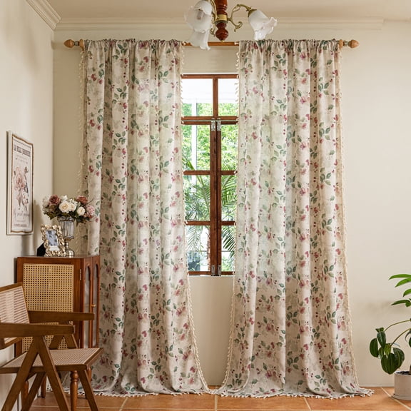 Lipa Floral Linen Curtain for Living Room, Farmhouse Semi-Blackout Curtain,Rod Pocket,Blush Floral,52" x 63"