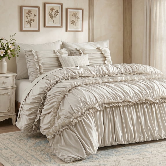 Lipa Full Comforter Set,7-Piece Bed in a Bag,Ruffled Design Bedding Set,Comforter,Flat Sheet,Fitted Sheet,Pillowcases and Shams,Beige