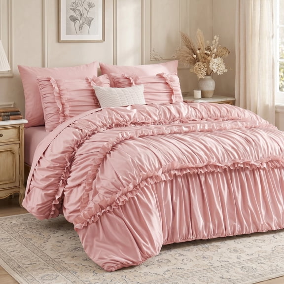 Lipa Full Comforter Set,7-Piece Bed in a Bag,Ruffled Design Bedding Set,Comforter,Flat Sheet,Fitted Sheet,Pillowcases and Shams,Pink