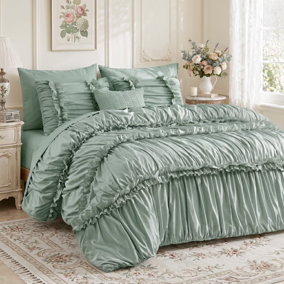 Lipa Full Comforter Set,7-Piece Bed in a Bag,Ruffled Design Bedding Set,Comforter,Flat Sheet,Fitted Sheet,Pillowcases and Shams,Sage Green