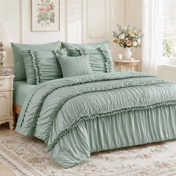 Lipa Full Comforter Set,7-Piece Bed in a Bag,Ruffled Design Bedding Set,Comforter,Flat Sheet,Fitted Sheet,Pillowcases and Shams,Sage Green