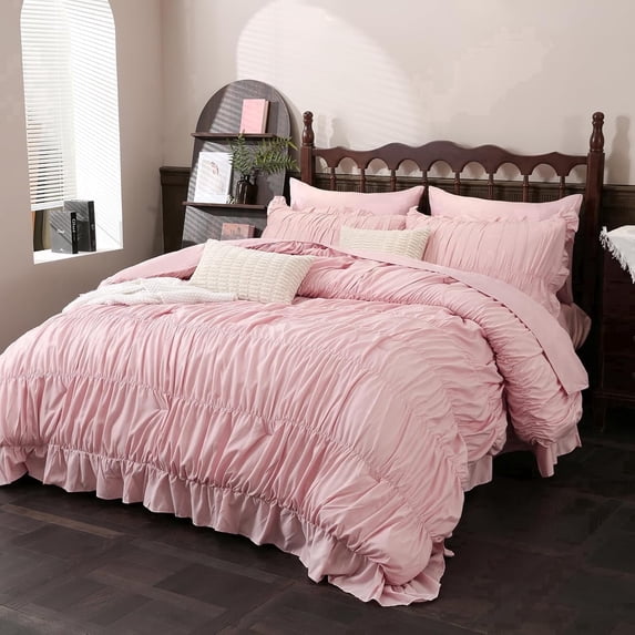 Lipa Full Size Comforter Set,5-Piece Bed in a Bag,All Season Bedding Set,Ruched Design,Comforter,Pillowcases and Shams,Pink