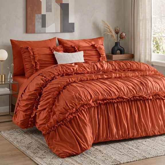Lipa King Comforter Set,7-Piece Bed in a Bag,Ruffled Design Bedding Set,Comforter,Flat Sheet,Fitted Sheet,Pillowcases and Shams,Orange