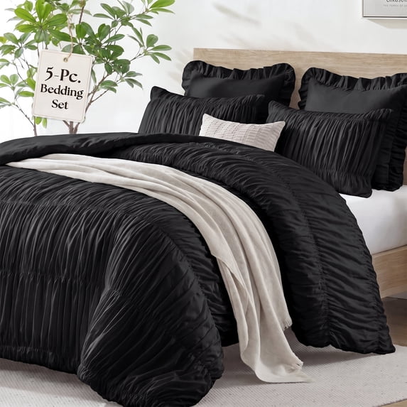 Lipa King Size Comforter Set,5-Piece Bed in a Bag,All Season Bedding Set,Ruched Design,Comforter,Pillowcases and Shams,Black