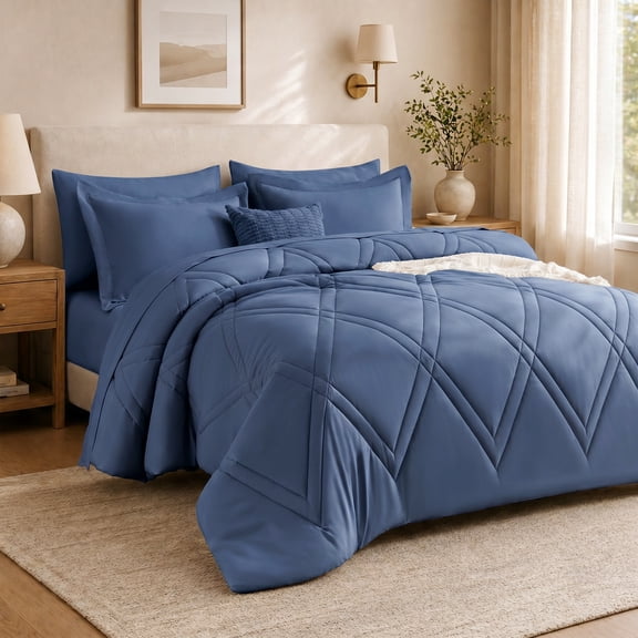 Lipa Queen Comforter Set,7-Piece Bed in a Bag,All Season Bedding Set,Comforter,Flat Sheet,Fitted Sheet,Pillowcases and Shams,Dusty Blue