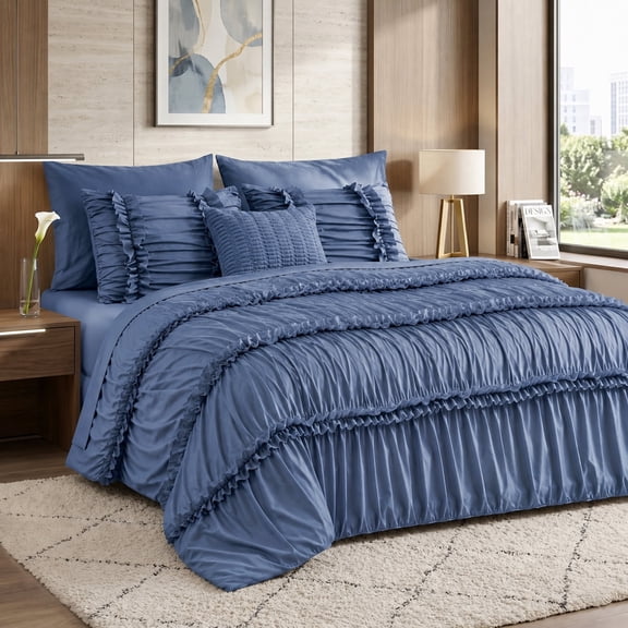 Lipa Queen Comforter Set,7-Piece Bed in a Bag,Ruffled Design Bedding Set,Comforter,Flat Sheet,Fitted Sheet,Pillowcases and Shams,Blue Gray