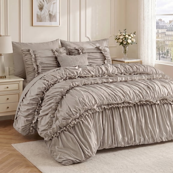 Lipa Queen Comforter Set,7-Piece Bed in a Bag,Ruffled Design Bedding Set,Comforter,Flat Sheet,Fitted Sheet,Pillowcases and Shams,Khaki