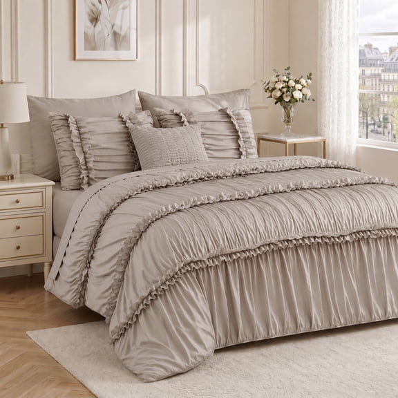 Lipa Queen Comforter Set,7-Piece Bed in a Bag,Ruffled Design Bedding Set,Comforter,Flat Sheet,Fitted Sheet,Pillowcases and Shams,Khaki