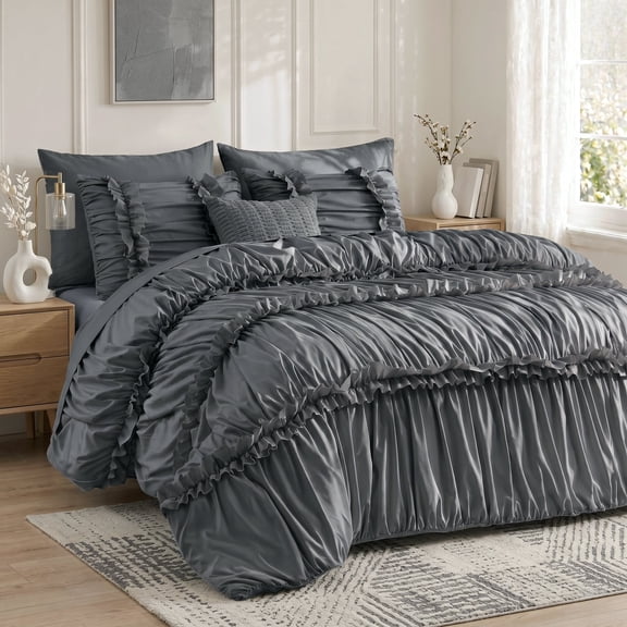 Lipa Queen Comforter Set,7-Piece Bed in a Bag,Ruffled Design Bedding Set,Comforter,Flat Sheet,Fitted Sheet,Pillowcases and Shams,Medium Gray