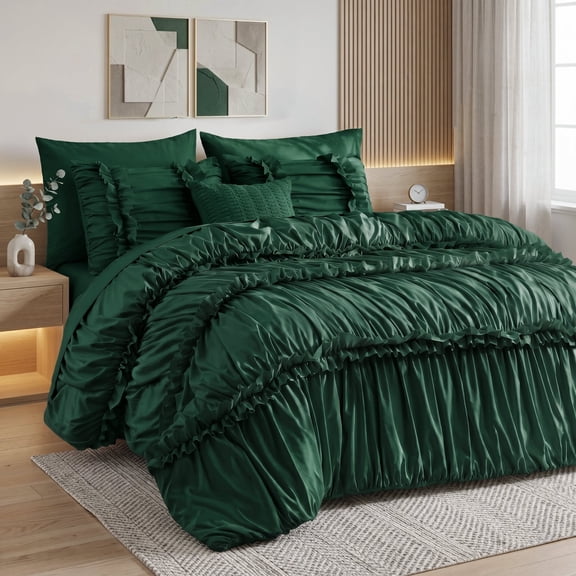 Lipa Queen Comforter Set,7-Piece Bed in a Bag,Ruffled Design Bedding Set,Comforter,Flat Sheet,Fitted Sheet,Pillowcases and Shams,Olive Green