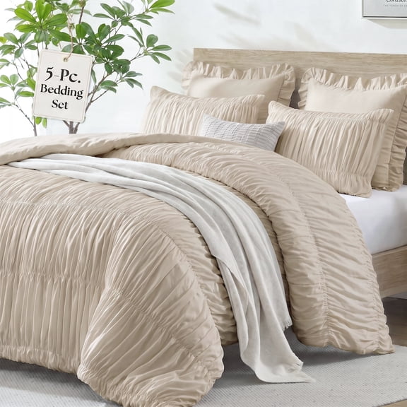 Lipa Queen Size Comforter Set,5-Piece Bed in a Bag,All Season Bedding Set,Ruched Design,Comforter,Pillowcases and Shams,Beige