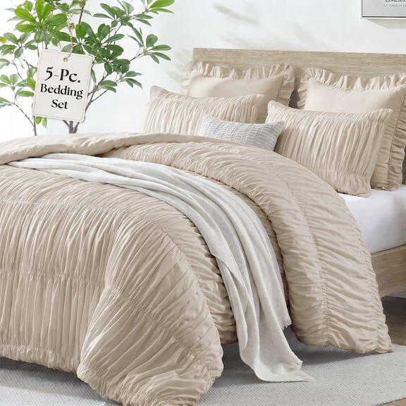 Lipa Queen Size Comforter Set,5-Piece Bed in a Bag,All Season Bedding Set,Ruched Design,Comforter,Pillowcases and Shams,Beige