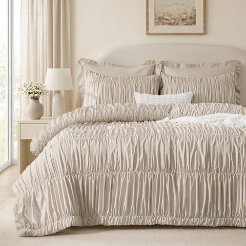 Lipa Queen Size Comforter Set,5-Piece Bed in a Bag,All Season Bedding Set,Ruched Design,Comforter,Pillowcases and Shams,Beige