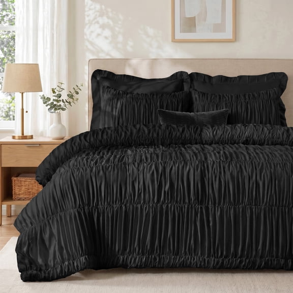 Lipa Queen Size Comforter Set,5-Piece Bed in a Bag,All Season Bedding Set,Ruched Design,Comforter,Pillowcases and Shams,Black