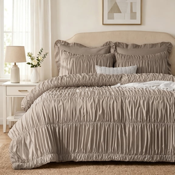 Lipa Queen Size Comforter Set,5-Piece Bed in a Bag,All Season Bedding Set,Ruched Design,Comforter,Pillowcases and Shams,Khaki