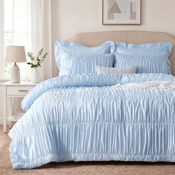 Lipa Queen Size Comforter Set,5-Piece Bed in a Bag,All Season Bedding Set,Ruched Design,Comforter,Pillowcases and Shams,Light Blue