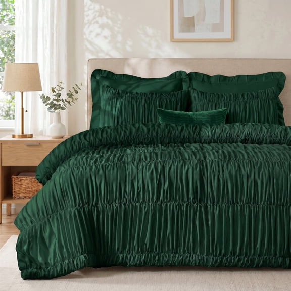 Lipa Queen Size Comforter Set,5-Piece Bed in a Bag,All Season Bedding Set,Ruched Design,Comforter,Pillowcases and Shams,Olive Green